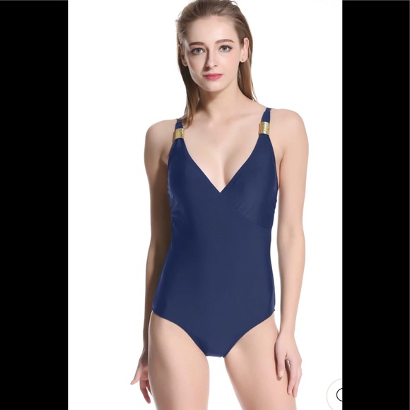 HSIA Other - HSIA V-Neck One-Piece Blue Swimsuit Tummy Control Gold Detail Size XXL NEW